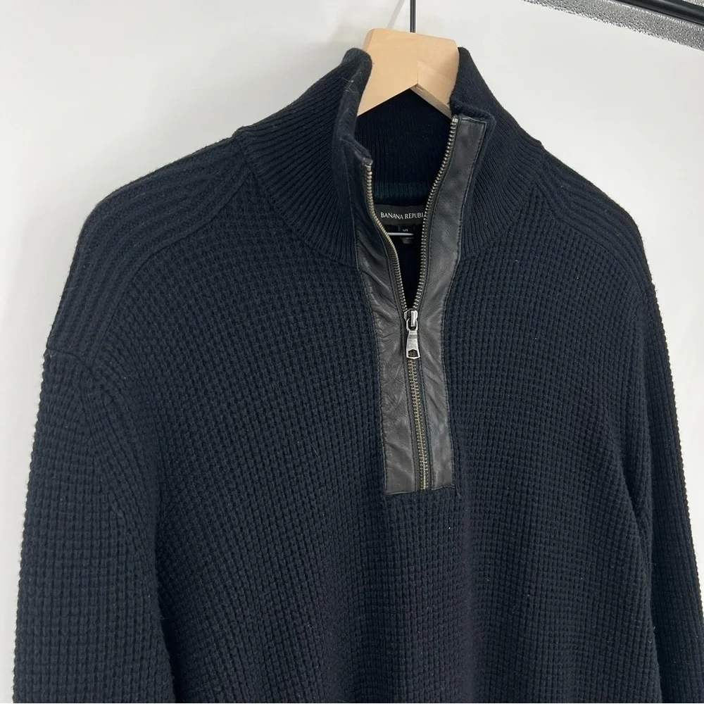 Men's Banana Republic Black 1/4 Zip Merino Wool Sweater Leather Trim Size XL